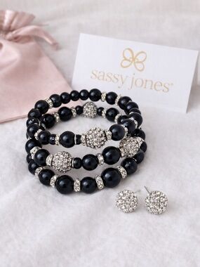 Sassy Jones Black Beaded Bracelet Stack with Crystal Pave Accents
